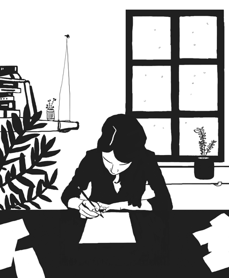 black and white autoportrait, drawing and drinking in a cup of coffee in front of a window