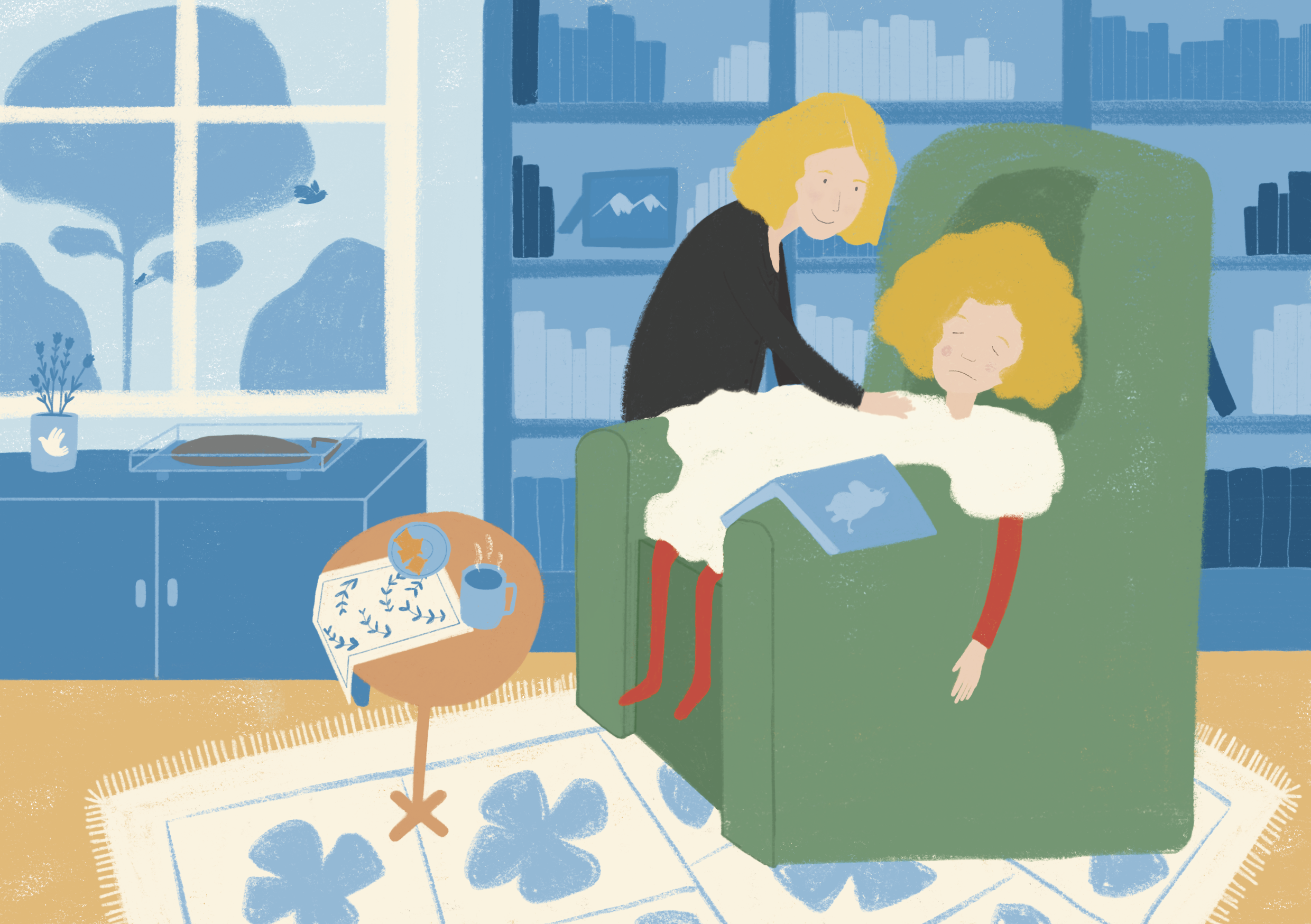 illustration of Lea and her mom. Lea is sick, sitting in an armchair in the living room.
