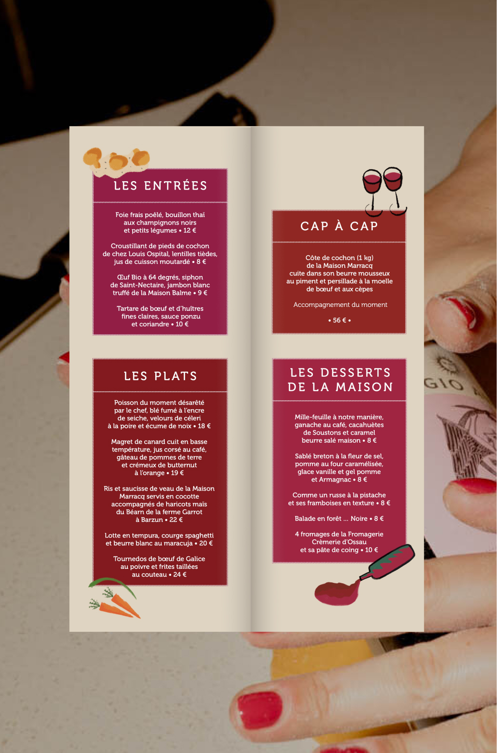 Autumn menu, with illustrations of carrots, bottle of wine, and two filled glasses... A section for starters, main courses, desserts...