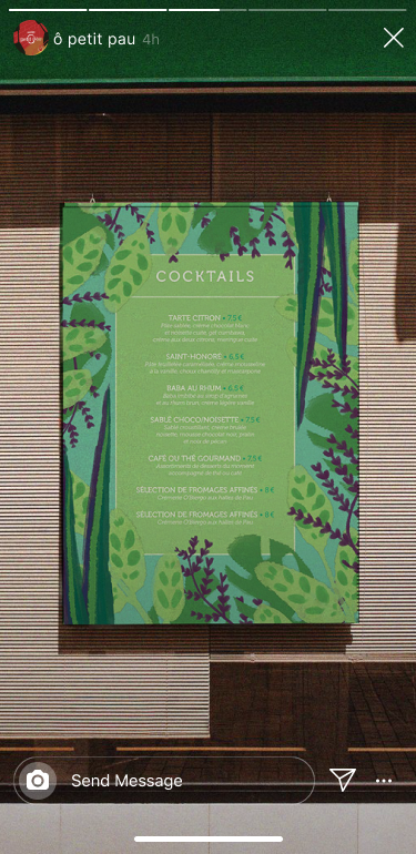 Instagram story featuring a coktail menu poster.