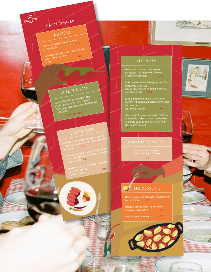 In the background, a photograph of people drinking a glass of wine together. On top is the winter menu, separated into two strips to show that it folds in half.