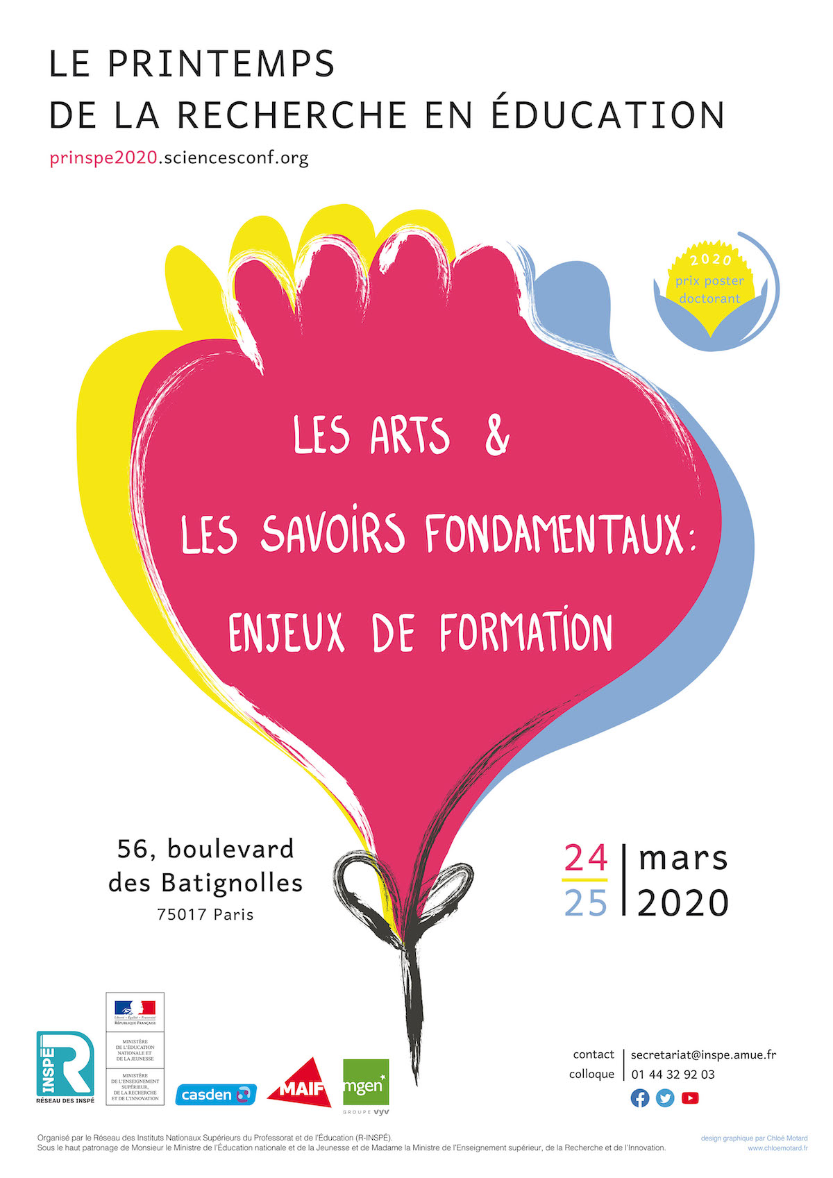 poster for the research conference "Les Arts et les Savoirs Fondamentaux: Enjeux de Formation". With a big flower-bud in the center, in magenta, yellow and blue.