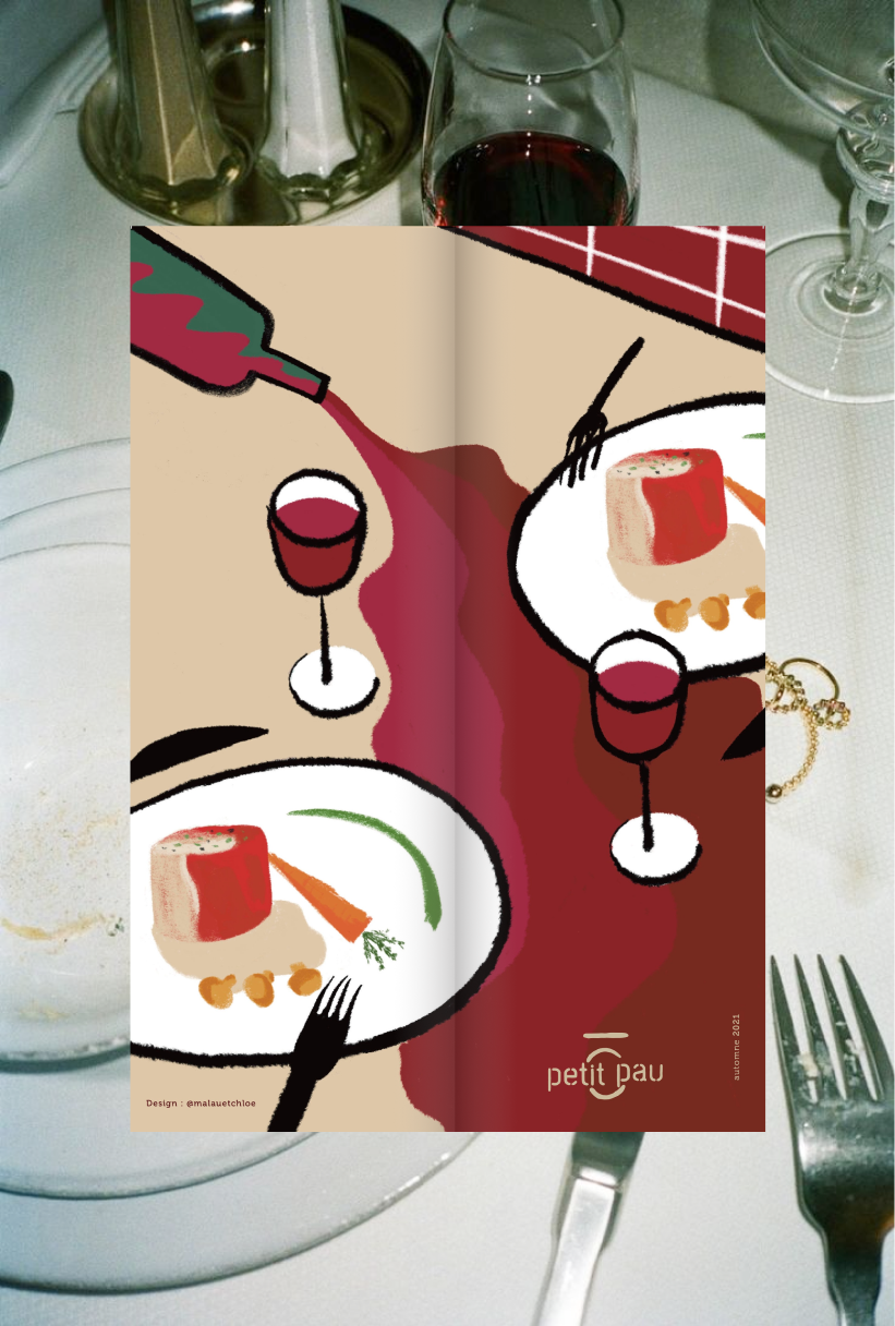 Photograph of a table with plates and cutlery. Above is an illustration for the autumn menu, with two plates of food, glasses, cutlery and a bottle of wine dripping onto the table.