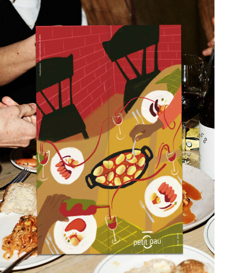 Photograph of a table of people eating together. Friendly atmosphere. Above, the cover of the winter menu. Colorful illustration of a meal, with a potato dish, glasses of wine, and people helping themselves to food.