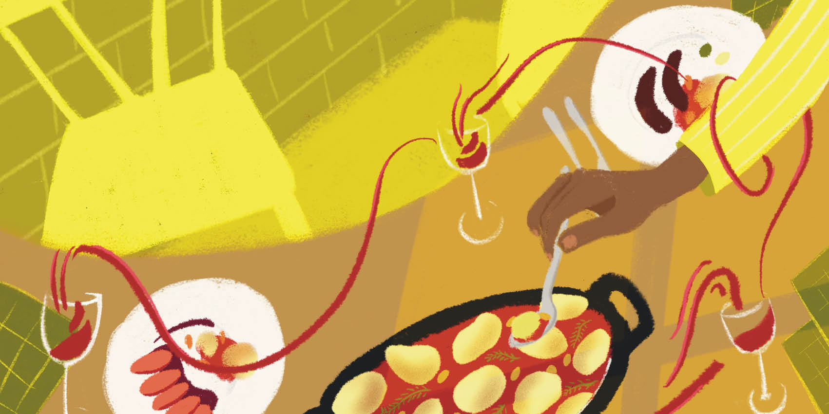 A banner to show that we're moving into a new season. Here winter, with a colorful and jazzy illustration, showing hands helping themselves to food, glasses of wine, a dish of potatoes...